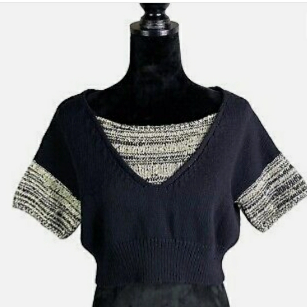 Cropped black sweater with gray black and sage detailing.